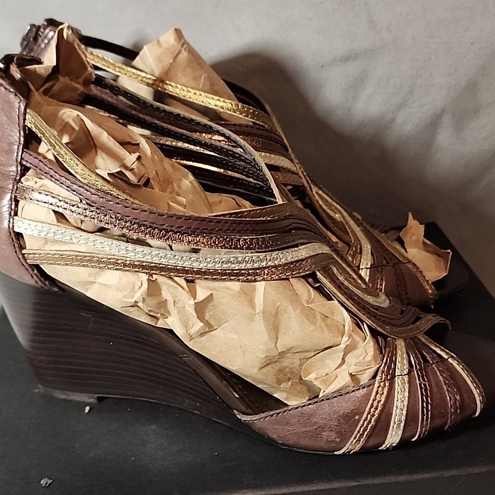 Franco Sarto Brown and Gold Strappy Heels - Picture 2 of 5